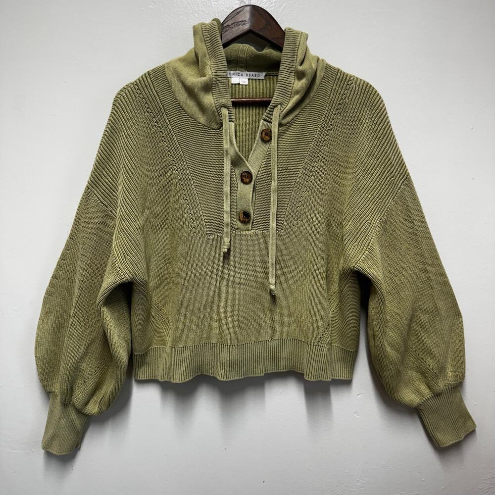 Veronica Beard Ursina Hooded Rib Knit Sweater Large Olive Cotton Oversize Luxury
